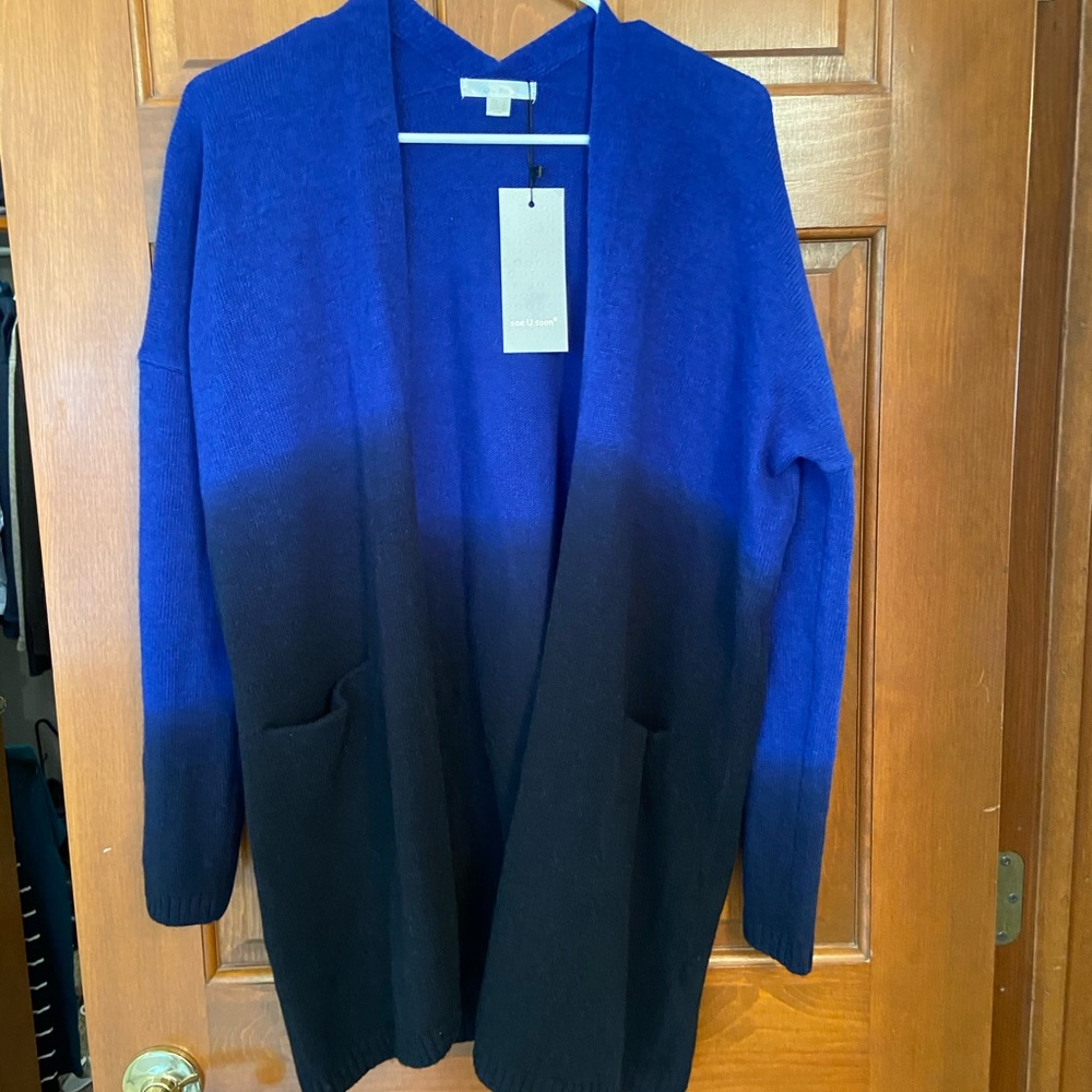 See U soon cobalt blue×black ombré open cardigan